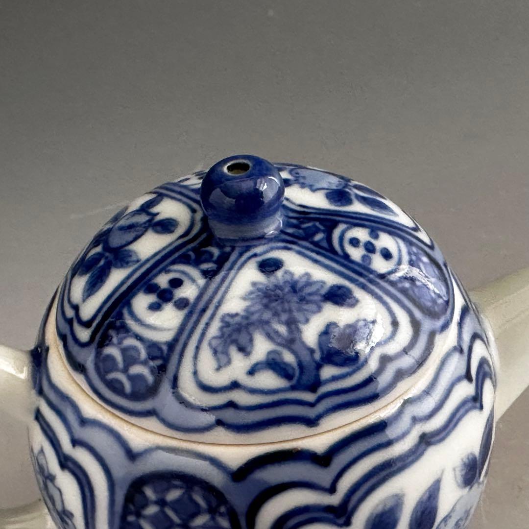 煎茶道具　青華花弁文　茶瓶　急須　初代　三浦竹軒　共箱　染付　京焼　茶器　茶会