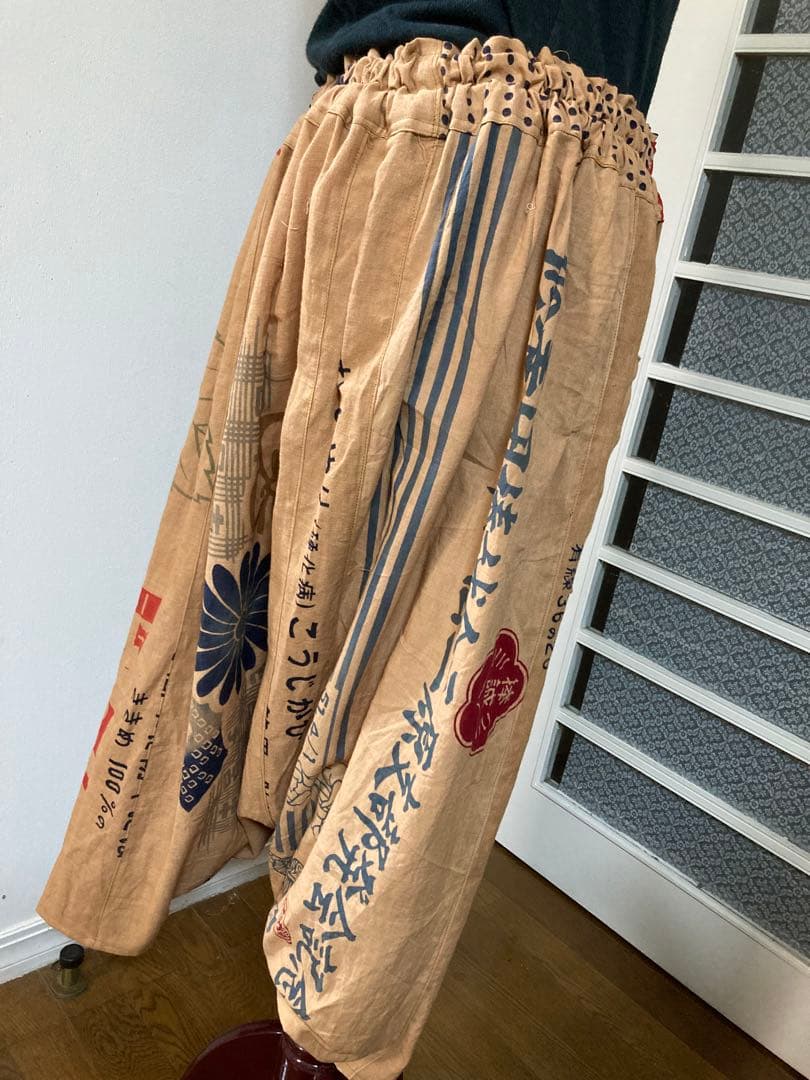 古布リメイク時代物手拭い柿渋染めサルエルパンツ