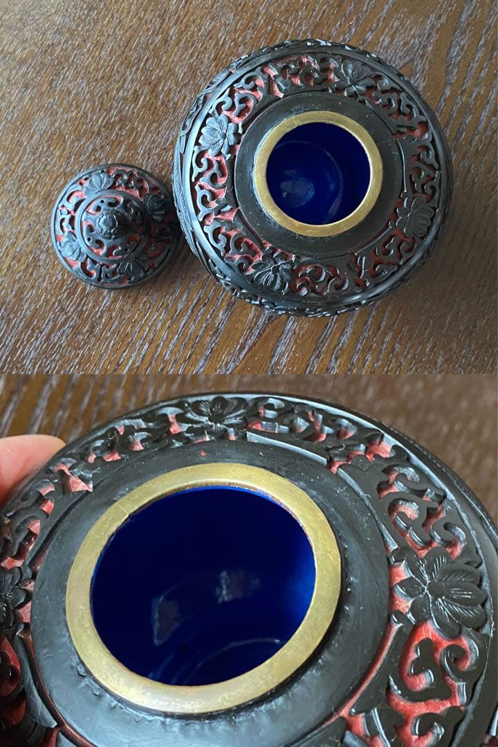 未使用　中国古玩　中国工芸美術品茶器茶道具　堆黒彫漆セット トレー付き