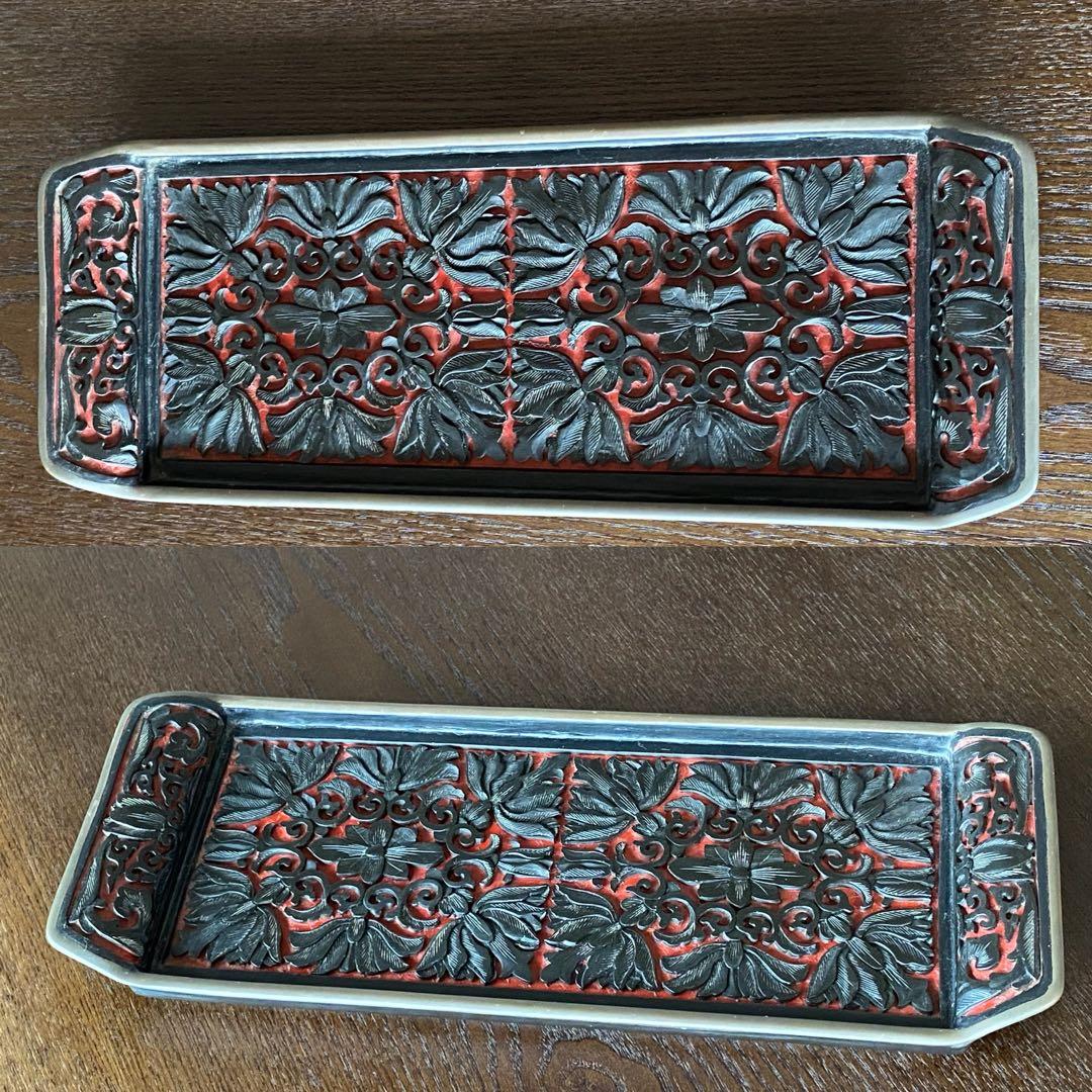 未使用　中国古玩　中国工芸美術品茶器茶道具　堆黒彫漆セット トレー付き
