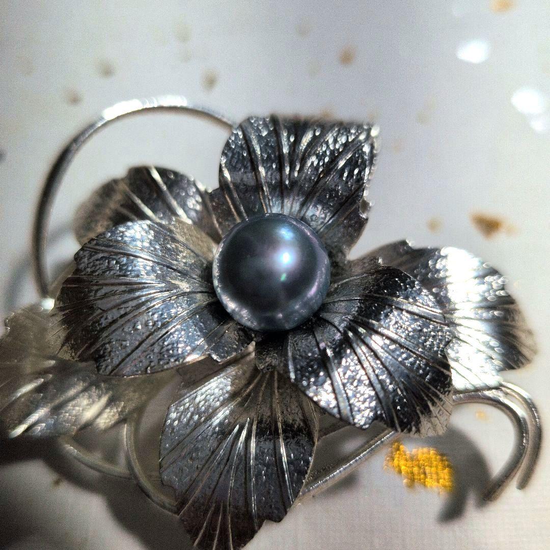 黒真珠 パール ブローチ 花モチーフ シルバー ヴィンテージ フォーマル