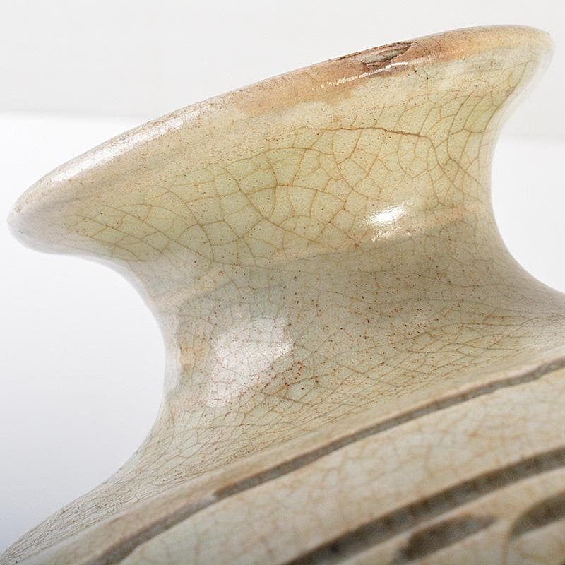 中国　磁州窯　白磁　掻落し　花文　扁壷　M　R7387F