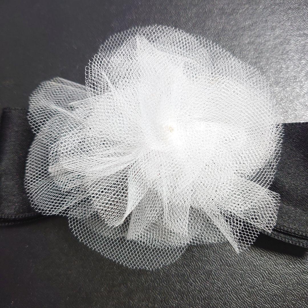 シャネル コサージュ リボン ブローチ 白レース＆黒サテンリボン メッシュ