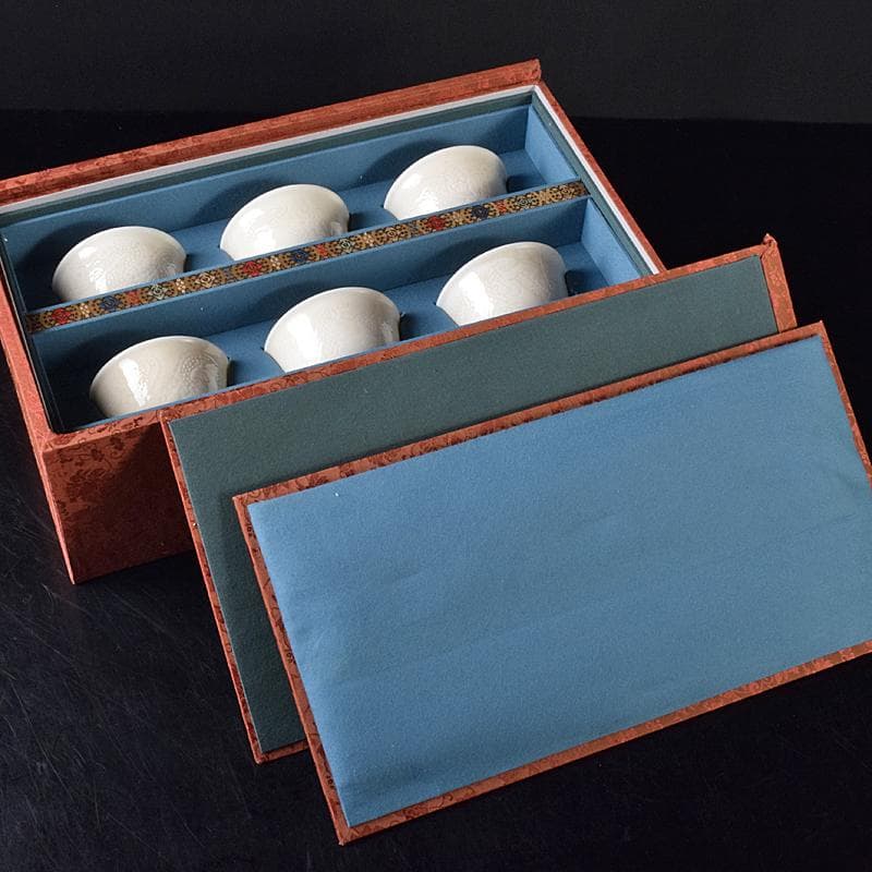 中国 徳化窯白磁 印刻 双龍文 煎茶碗 六客 V 8129E