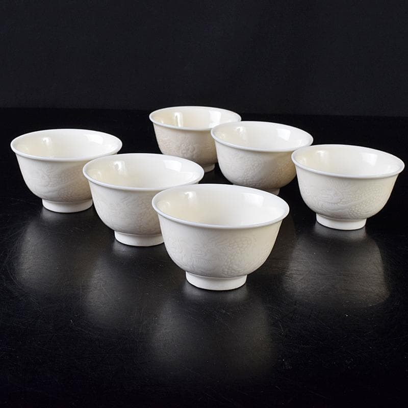 中国　徳化窯白磁　印刻　双龍文　煎茶碗　六客　V　8129E