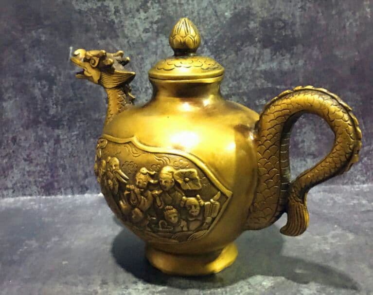 銅壺 純銅 竜頭 八仙が海を渡る水筒 急須9