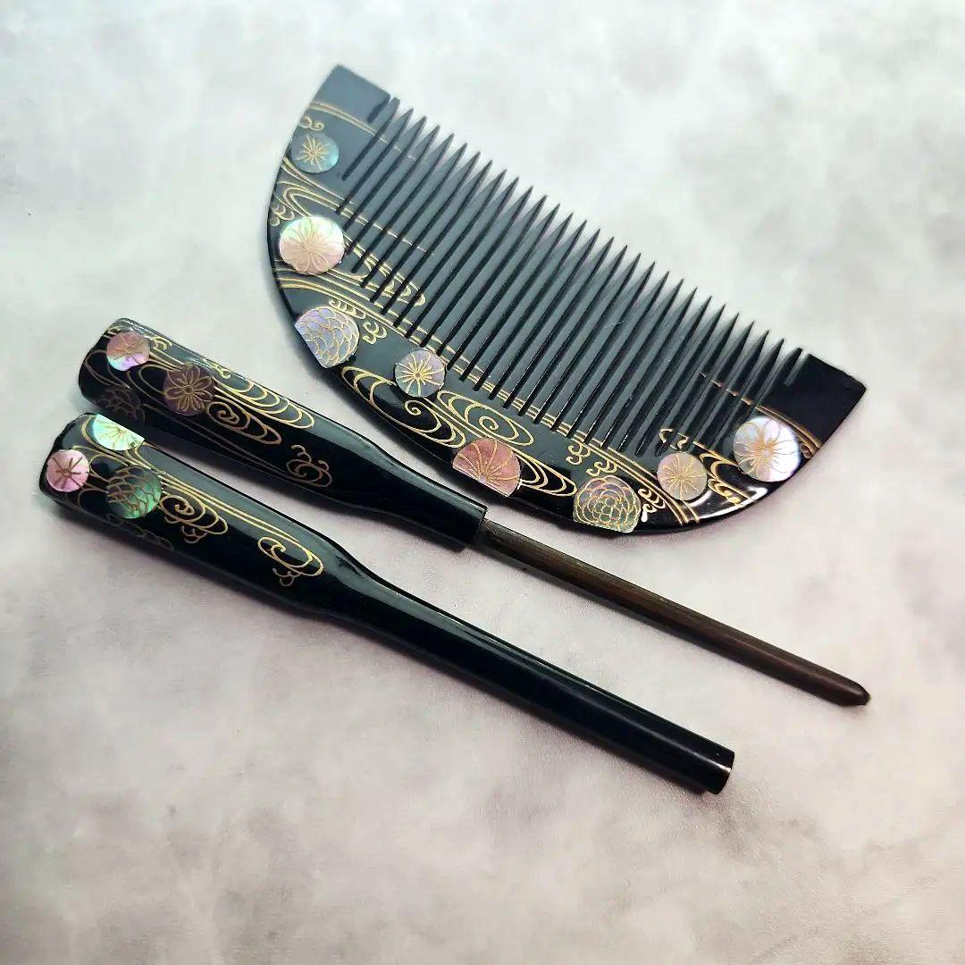 大正アンティーク鼈甲櫛笄黒漆螺鈿細工金細工髪飾り