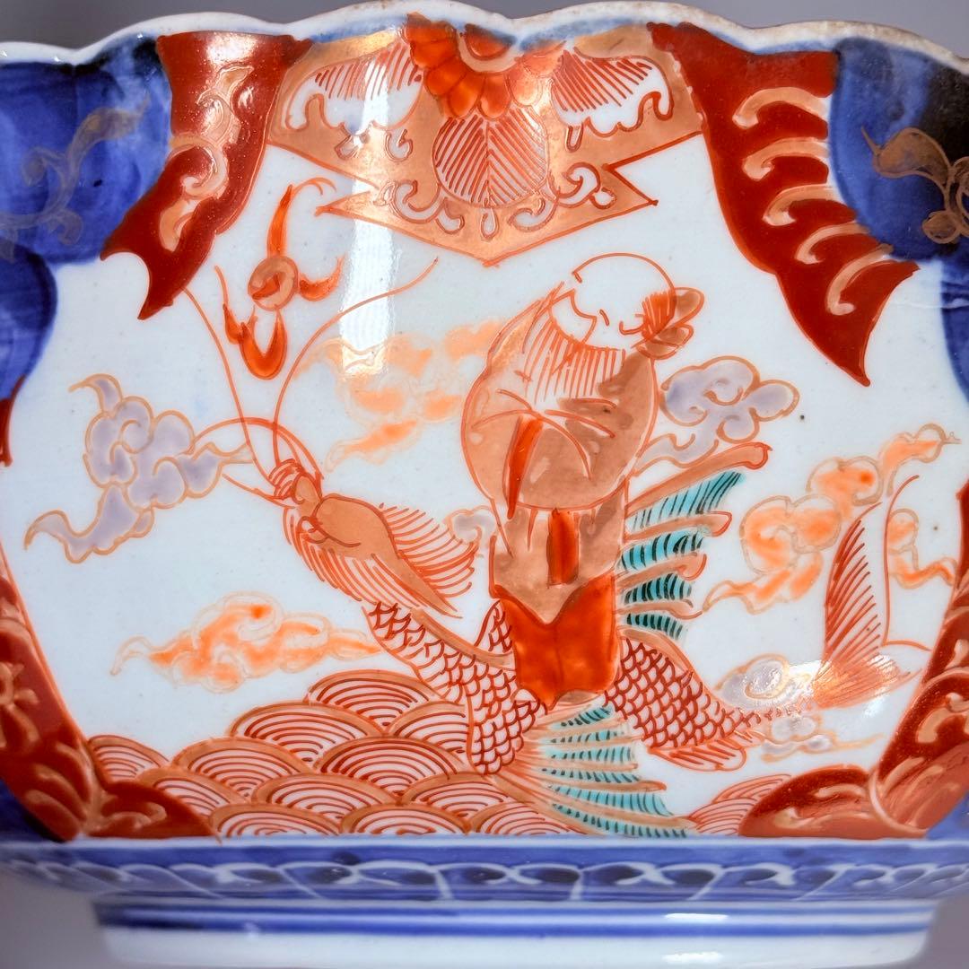 古伊万里 大聖寺伊万里 染錦三方龍仙人菊花型鉢 三ツ鉢揃い