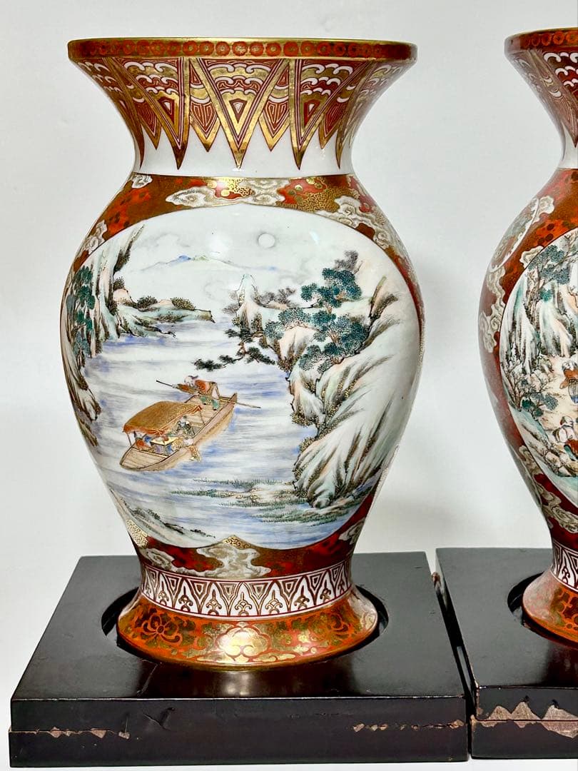 明治九谷 松本佐平 松雲堂 赤絵金彩梅鶯文虎渓三笑図花瓶一対 九谷焼 九谷