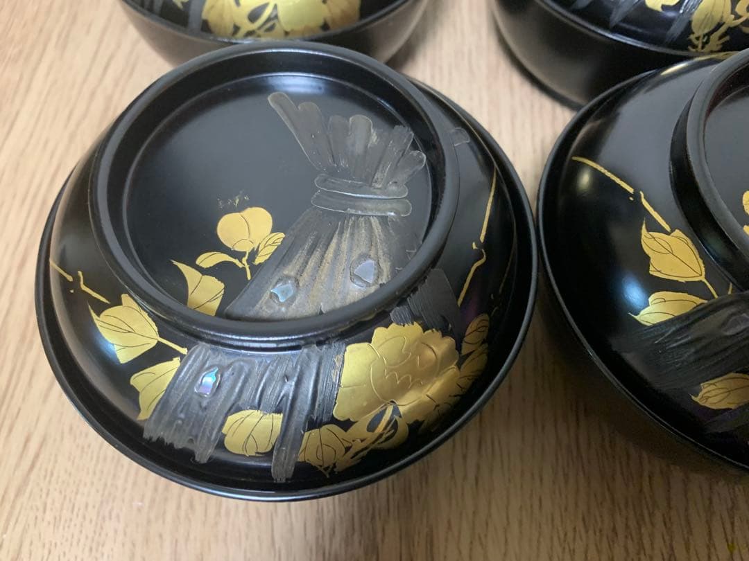 沈金蒔絵 木製漆塗吸物椀9客 時代物 お椀 汁椀 貝細工 芍薬 結び切り