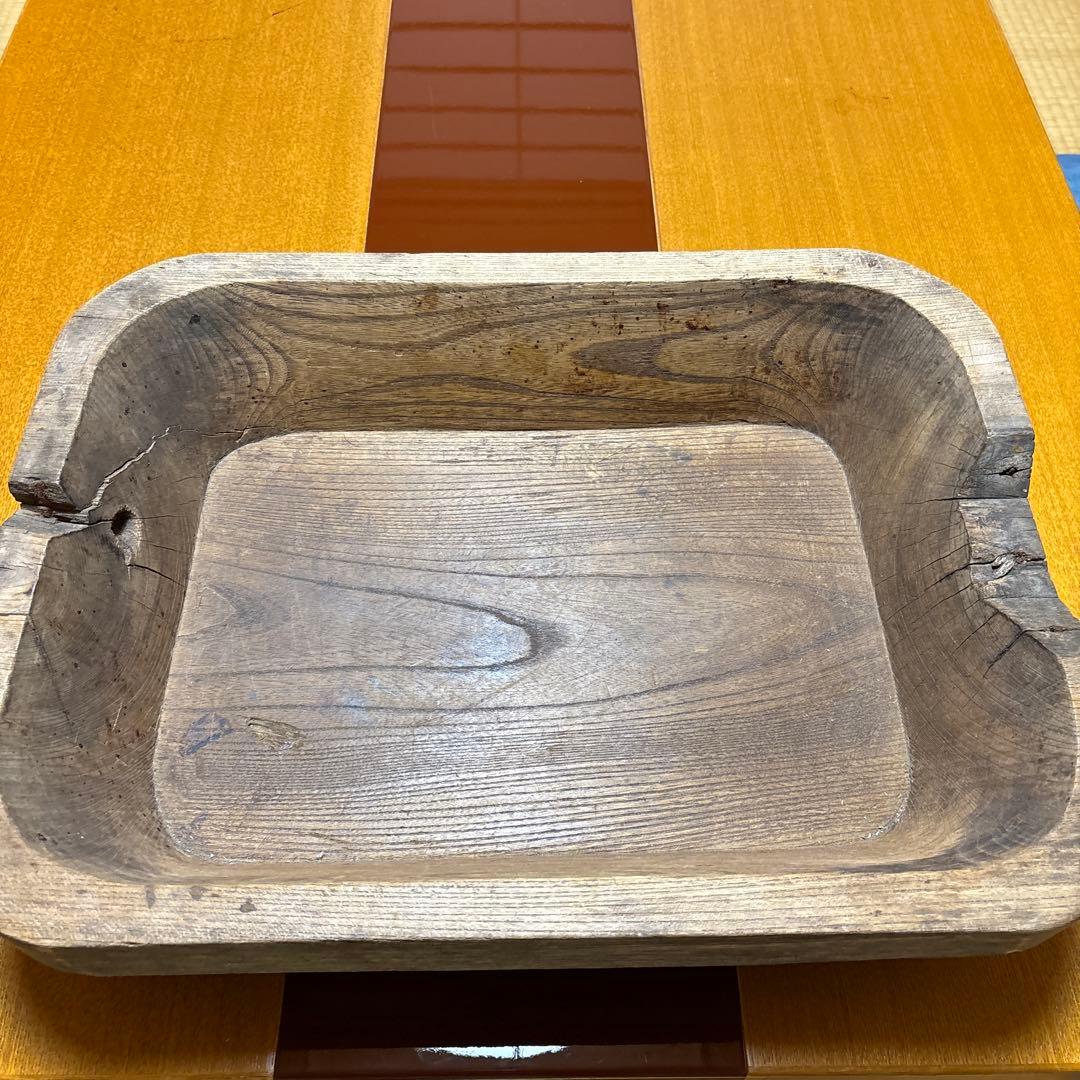 木製長方形皿 亀裂あり 骨董 木彫りトレイ