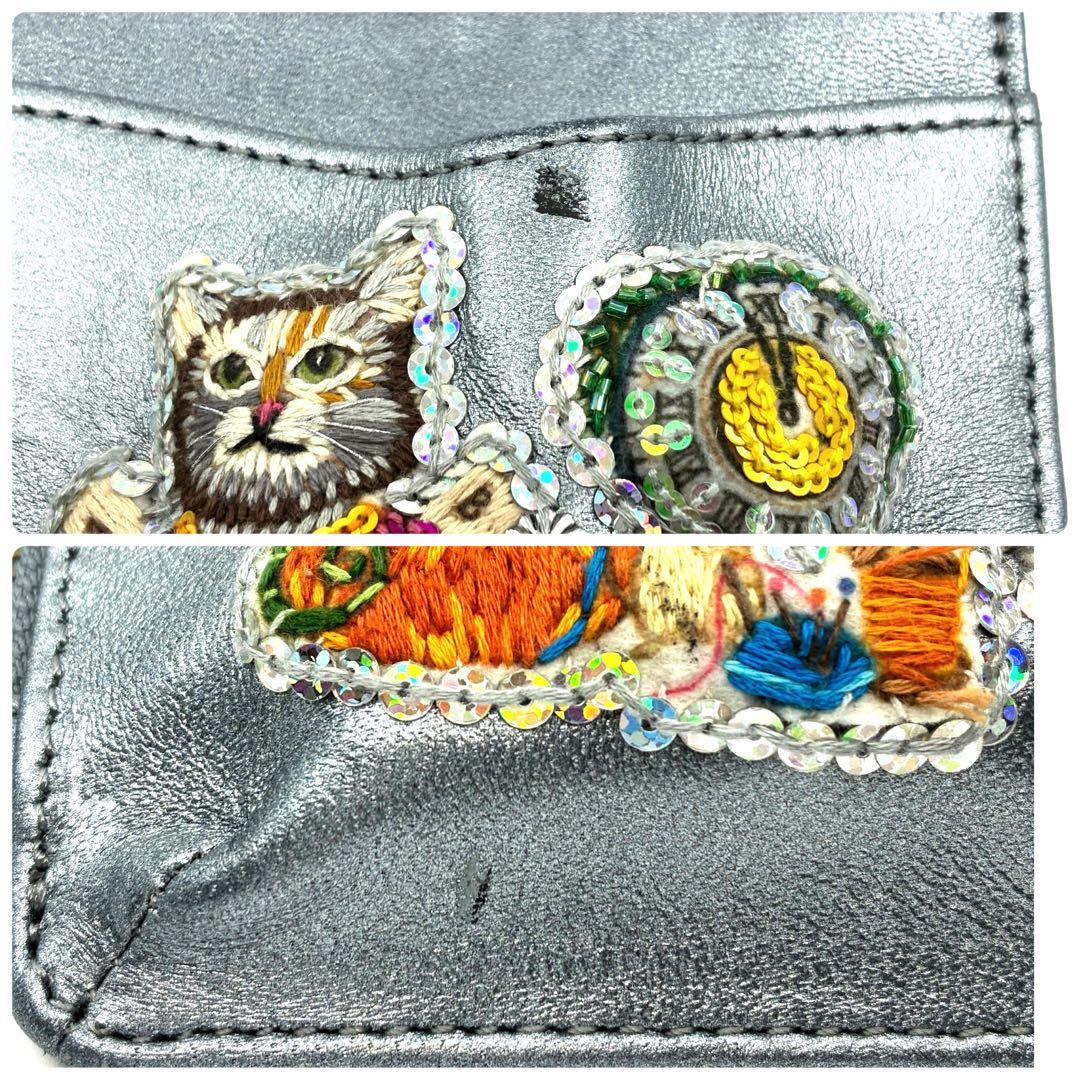 タマオワールド スマホショルダーバッグ 刺繍 レザー 羊革 ねこ シルバー