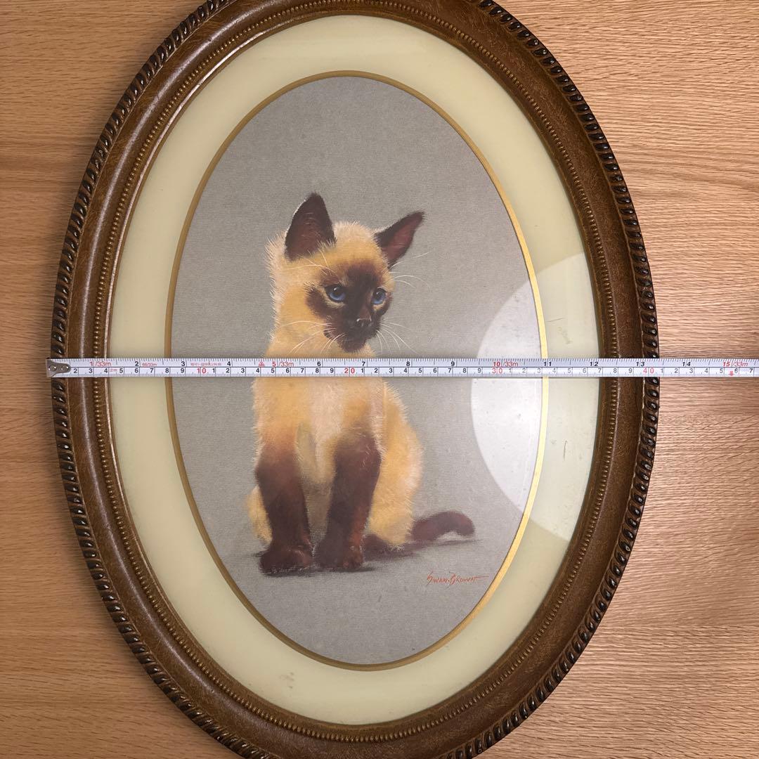 猫 絵画 楕円 フレーム ヴィンテージ