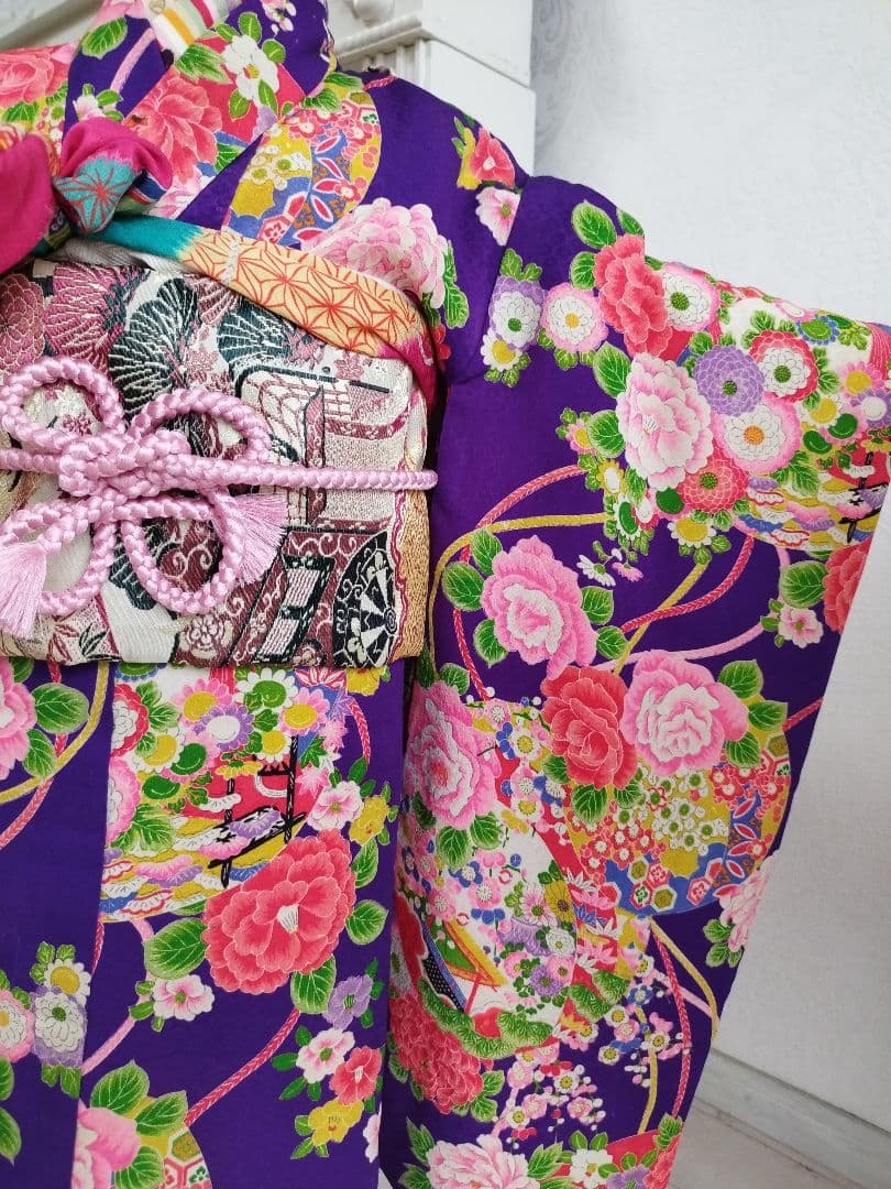 専用です☆アンティーク紫に百花繚乱着物と帯セット☆七五三３歳