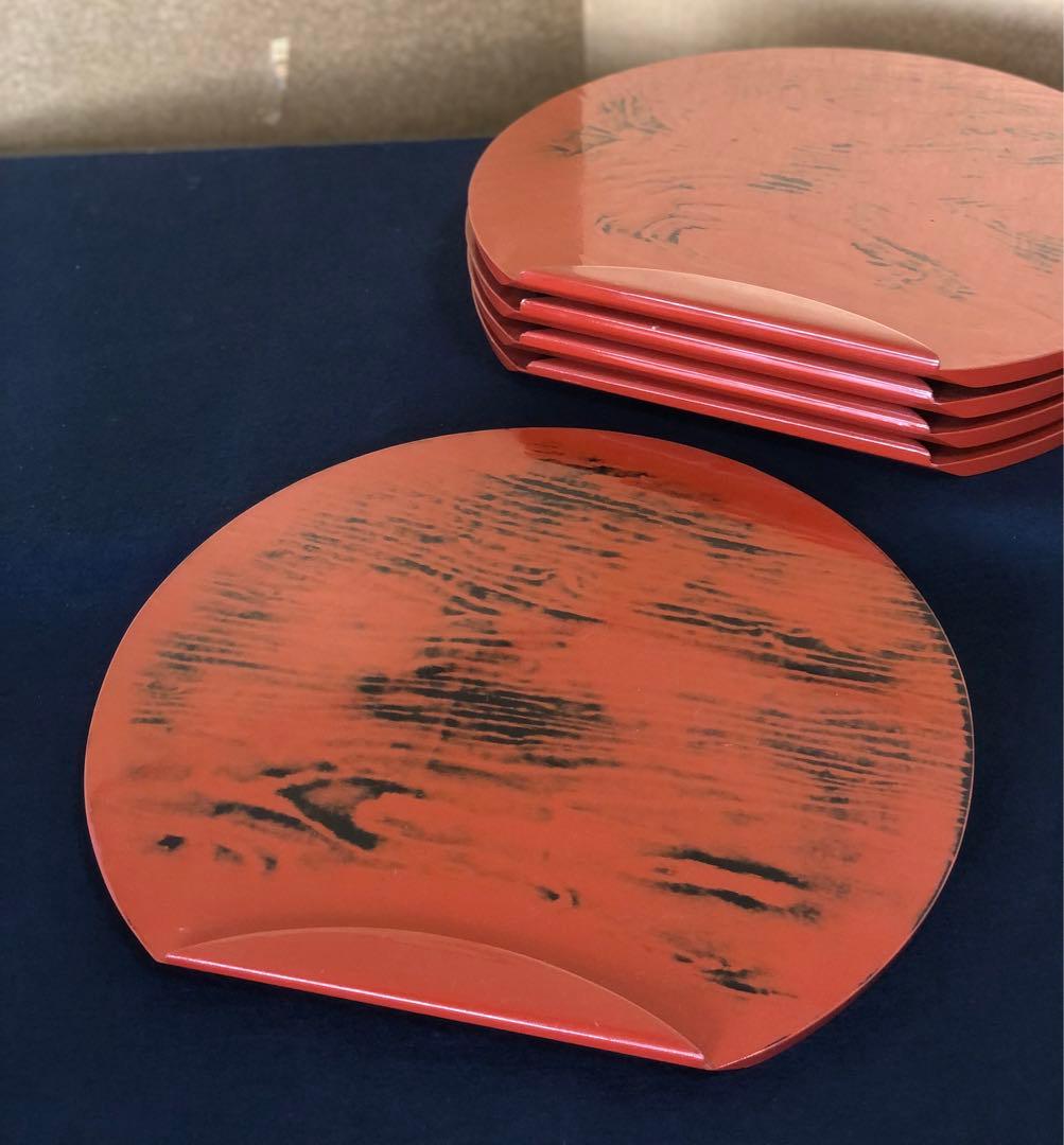 割引❗️《R》根来塗 半月盆5客 膳 木製漆器 懐石 元箱　250820G1