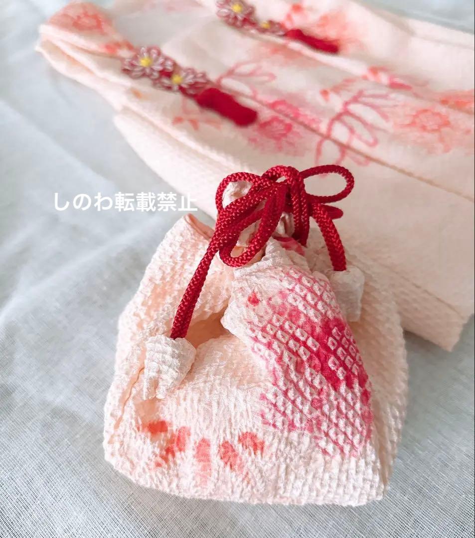 正絹絞りお被布＆巾着セット　花笹模様　薄赤ピンク