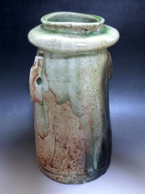 花瓶■伊賀釉【須田祥豊】作 明治初期 花器 京焼名工 耳付き 時代物 骨董品■
