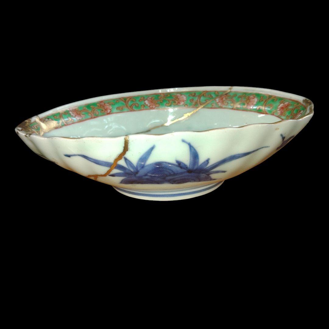 江戸時代　金彩海藻文アワビ型皿　金継ぎ