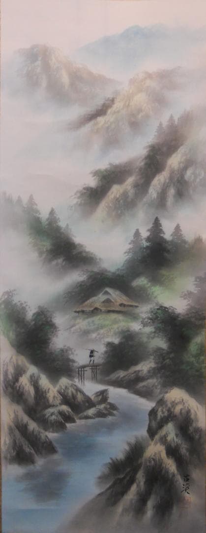 掛け軸 藤野古渓 彩色山水 中島清堂 識箱 絹本 希少 軸装 茶道具 掛軸 美品 掛け軸 藤野古渓 彩色山水 中島清堂 識箱 絹本 希少 軸装 茶道具 掛軸 美品