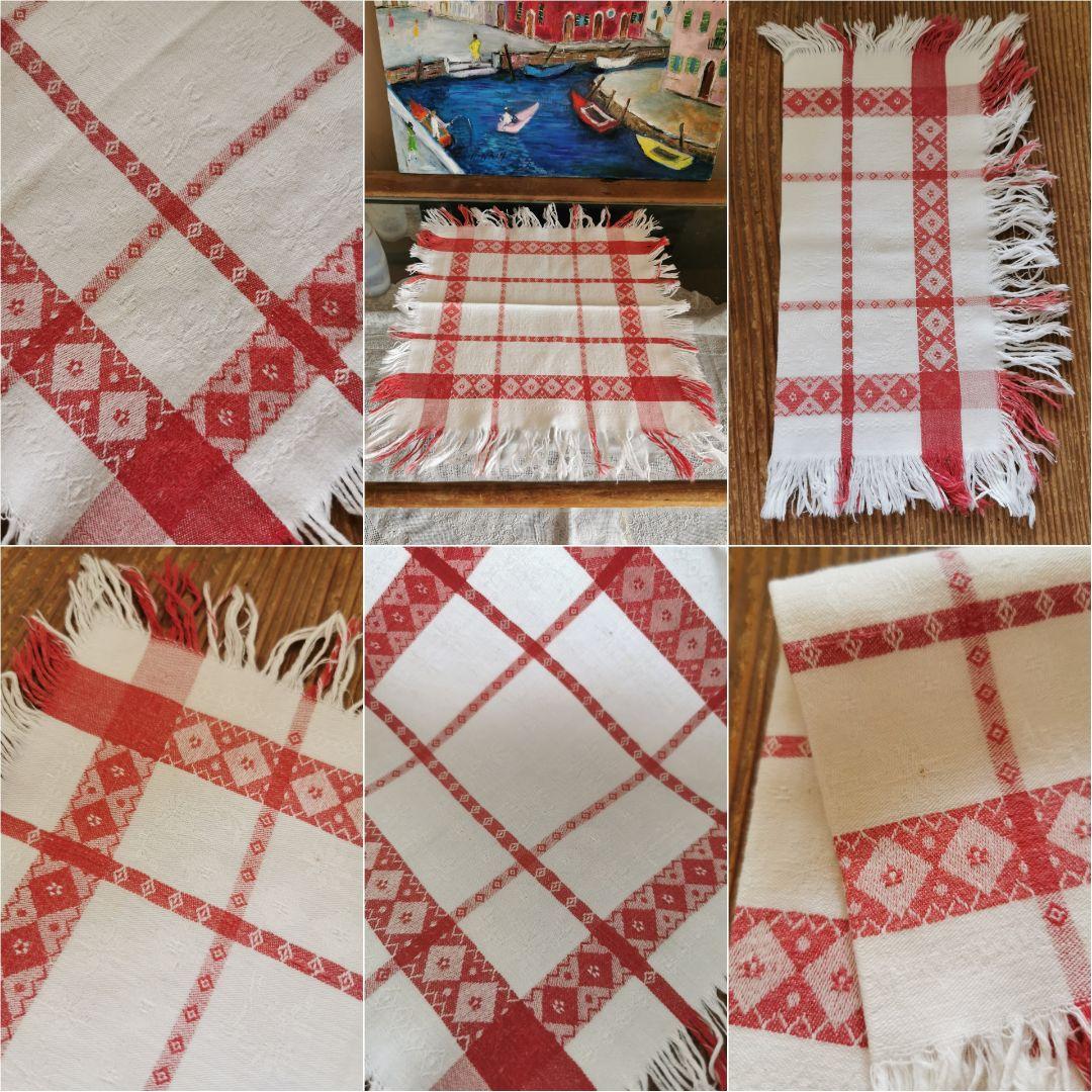 アンティークフランス ダマスク織レッドリネンクロス 花とダイヤ