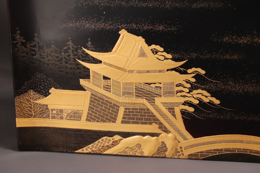 輪島塗 久世宗春 山水金蒔絵 冠卓 二段卓 花台 黒塗 天然木