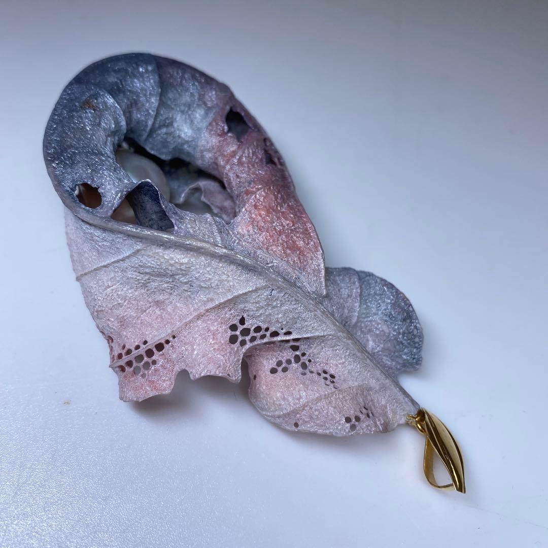 専用　耕堂作　K18刻印大金具　本真珠大玉枯葉ネックレストップ　共箱　13.5g