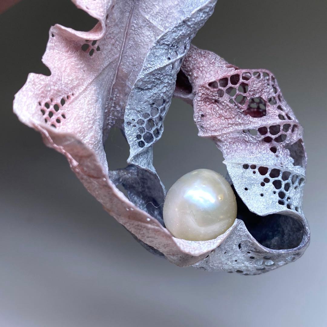 専用　耕堂作　K18刻印大金具　本真珠大玉枯葉ネックレストップ　共箱　13.5g