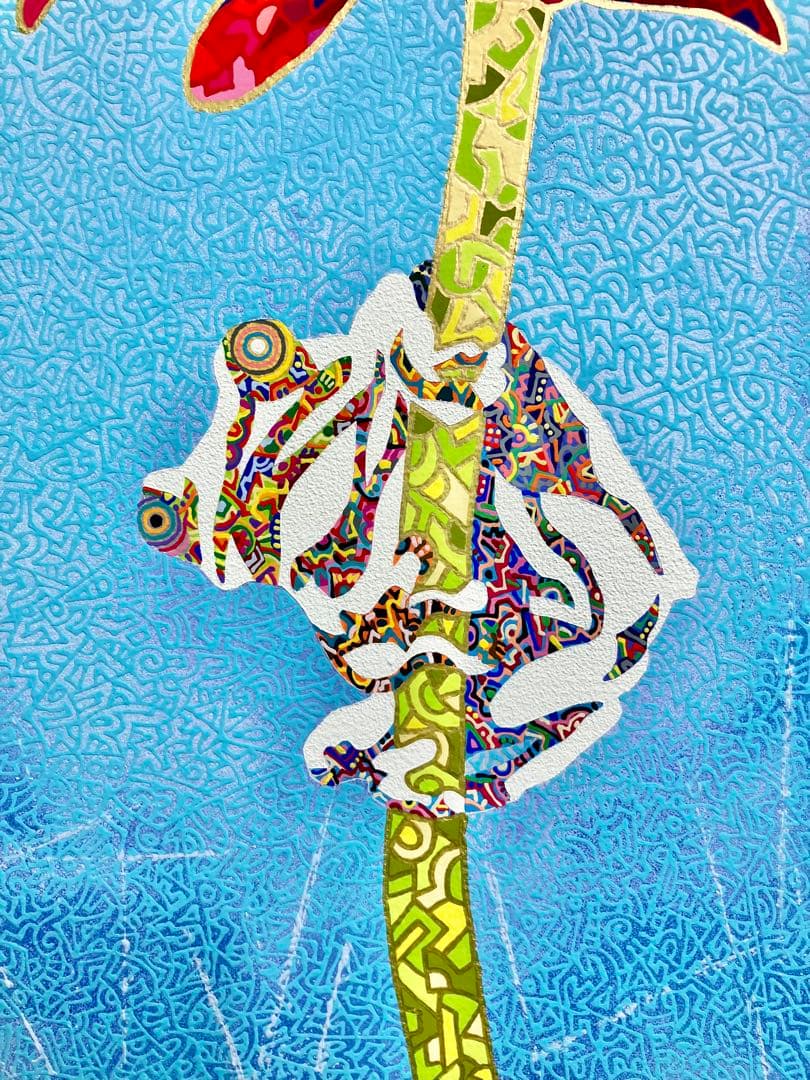 原画　蛙　動物画　絵画　アクリル画　現代アート　細密画　手描き　一点物