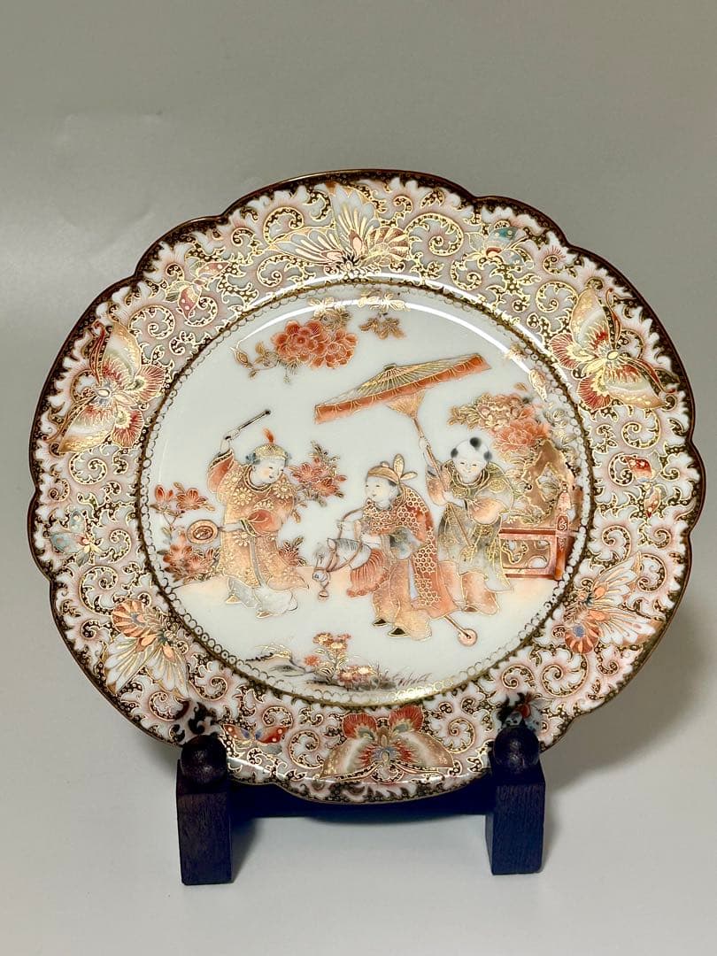 稀少 明治九谷の第一人者 松本佐平 松雲堂 赤絵金彩唐子図中皿 其のニ 九谷焼