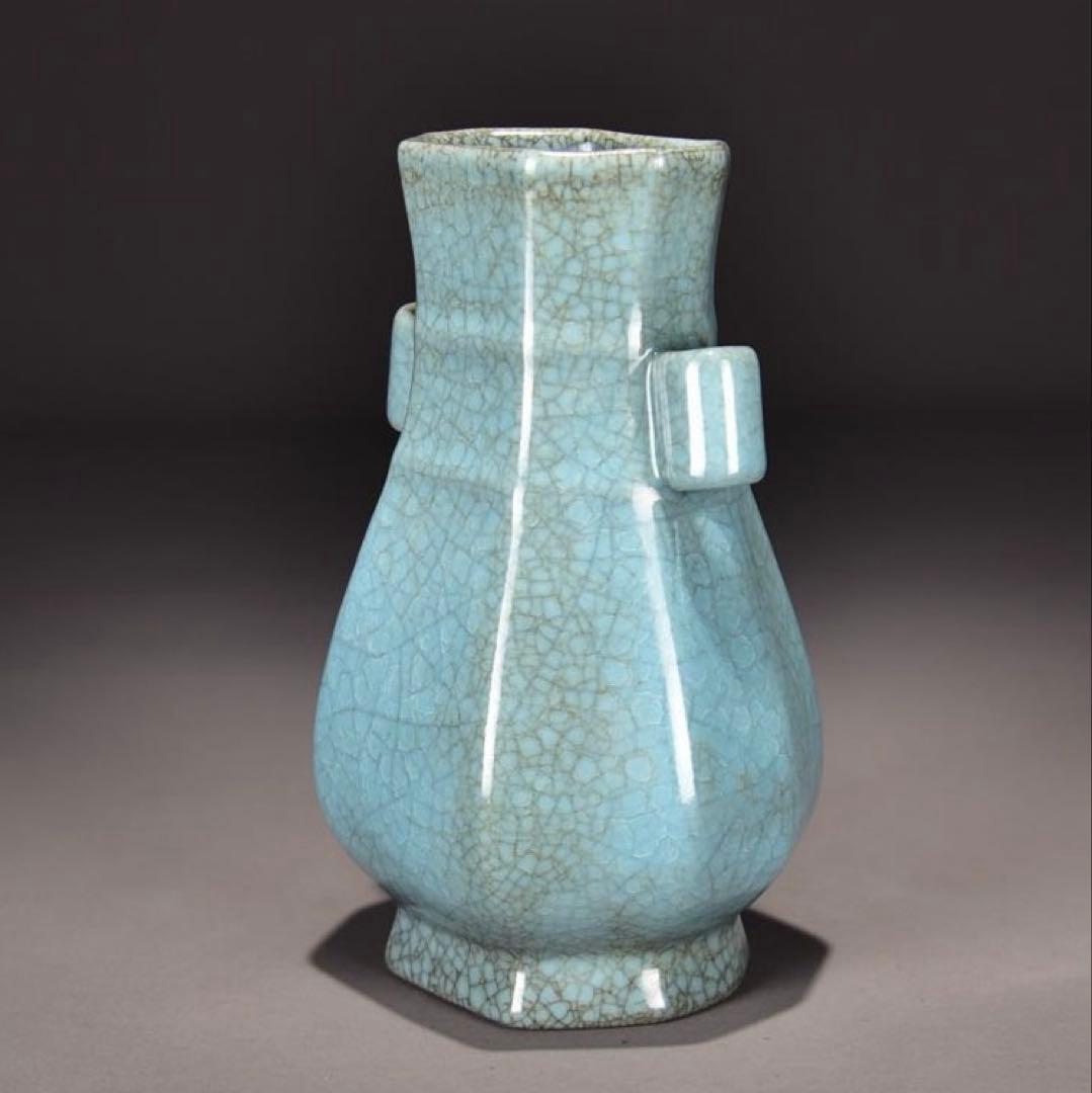 中国古美術　四大名窯 宋時代　天青釉 ヒビ貫入 天藍釉 寧寿宫「貫耳尊」皿汝窯