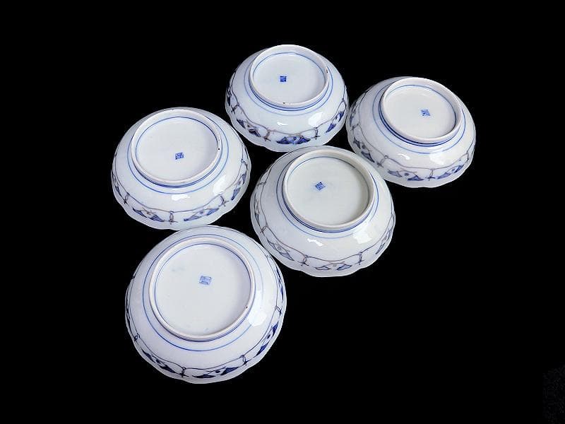 古伊万里　金襴手　陽刻　窓絵　花の図　膾皿　５客　E113AS-fbfr