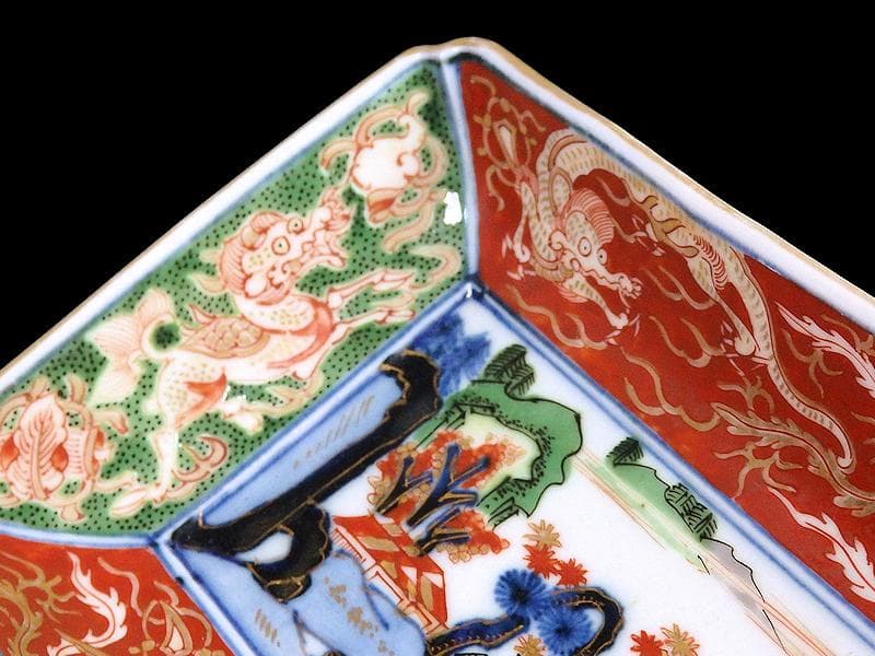 大聖寺伊万里　金襴手　龍に鳳凰　山水紋の図　長皿　356AS-DBl