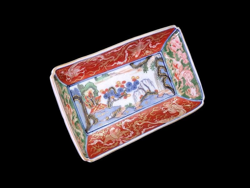 大聖寺伊万里　金襴手　龍に鳳凰　山水紋の図　長皿　356AS-DBl