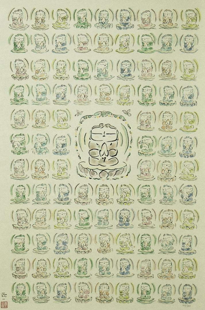 掛軸-1749 佐久間顕一 百体合掌童子 手彩木版画 共箱 太巻 限定九百五