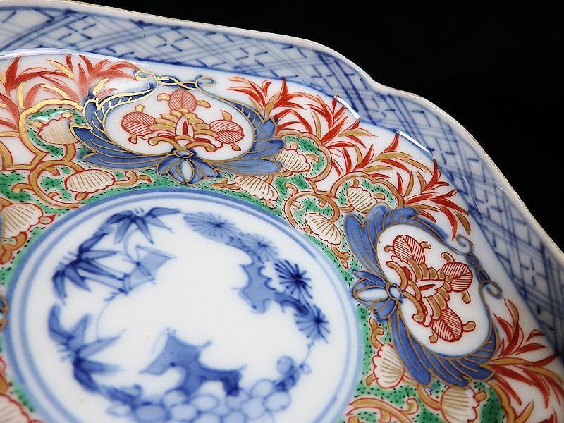 大聖寺伊万里　金襴手　松竹梅に草花紋の図　四方角皿 ５枚　C688AS-fbbi