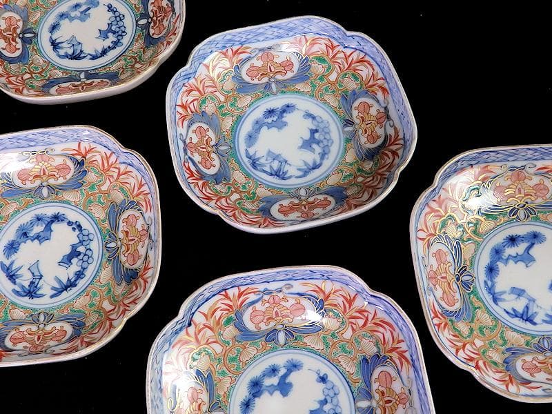 大聖寺伊万里　金襴手　松竹梅に草花紋の図　四方角皿 ５枚　C688AS-fbbi