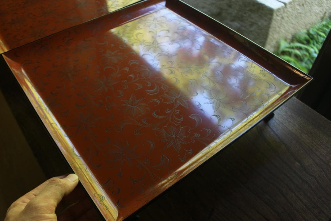 デッドストック！前大峰作！極上沈黒草文の脚付四方膳3点（検輪島塗お膳お盆茶道具