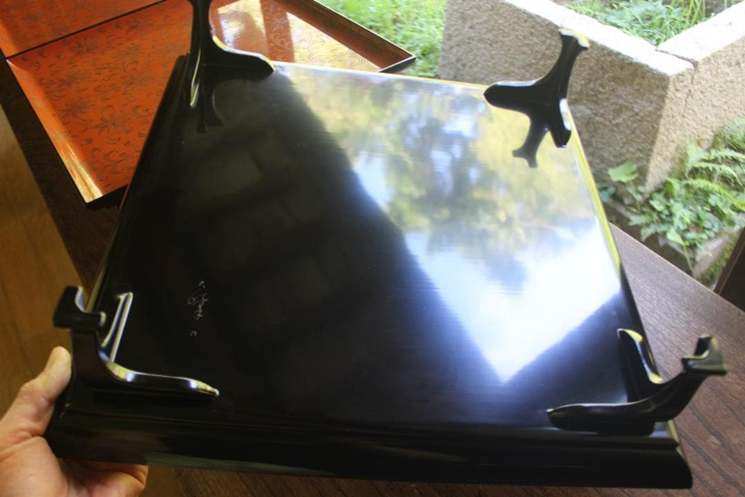 デッドストック！前大峰作！極上沈黒草文の脚付四方膳3点（検輪島塗お膳お盆茶道具