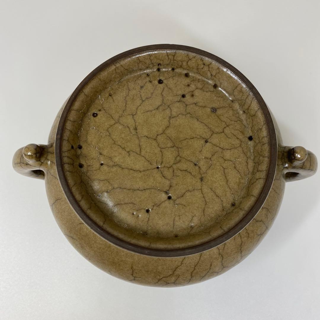 中国古窯 哥窯双耳香炉 高さ10.2㎝ トヒチル 東さ7-