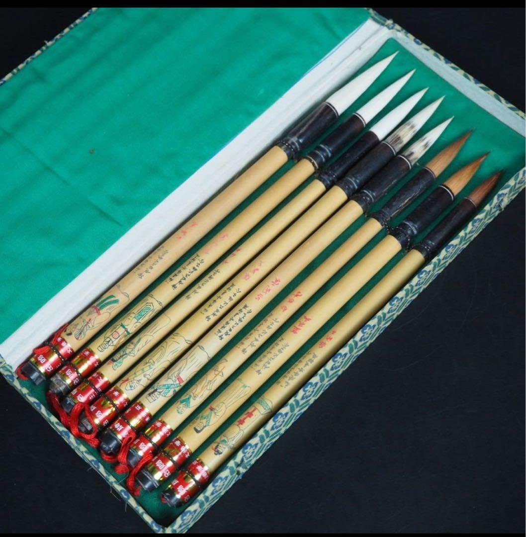 送料無料　八仙図漢詩彫　金鶏牌高級筆8本　文港筆荘　書道具 送料無料 八仙図漢詩彫 金鶏牌高級筆8本 文港筆荘