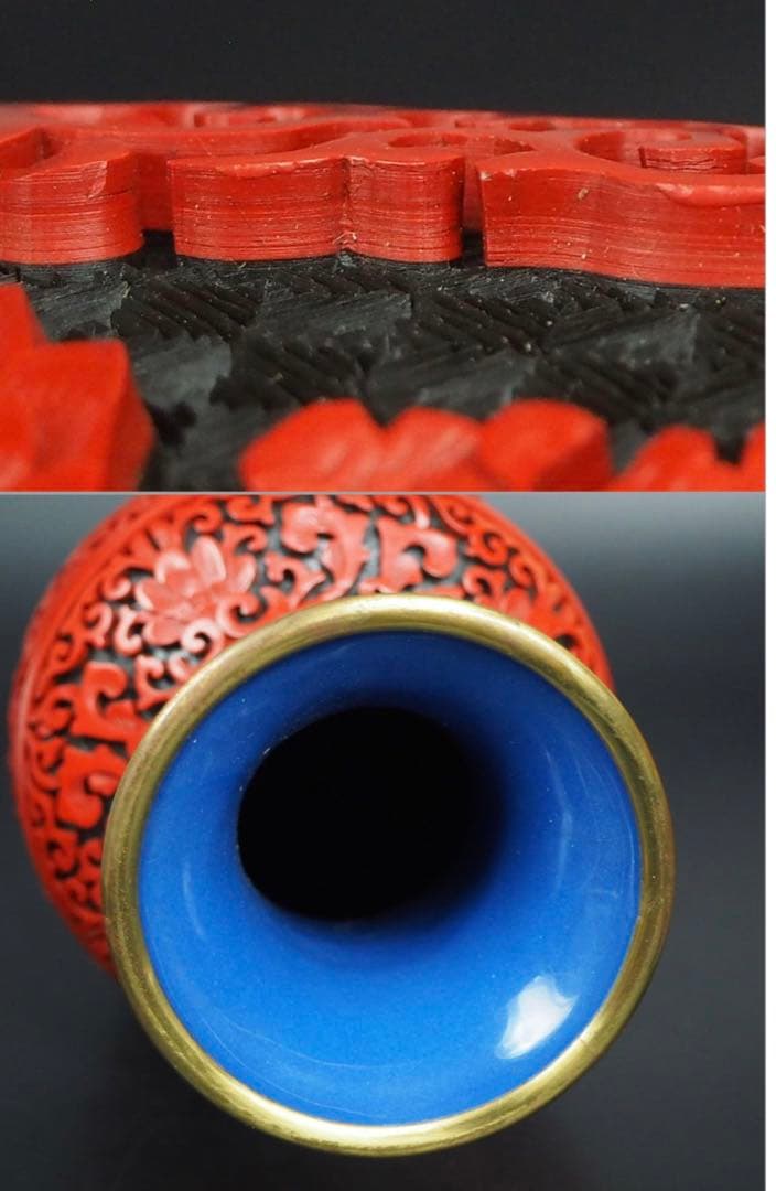 送料無料　極上高肉彫堆朱花瓶　台付　全高さ29ｃｍ　共箱　中国古玩骨董