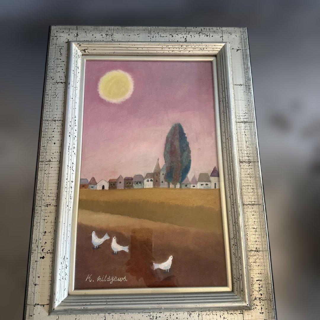 とても可愛らしく雰囲気のある抽象風景画 シルバーフレーム