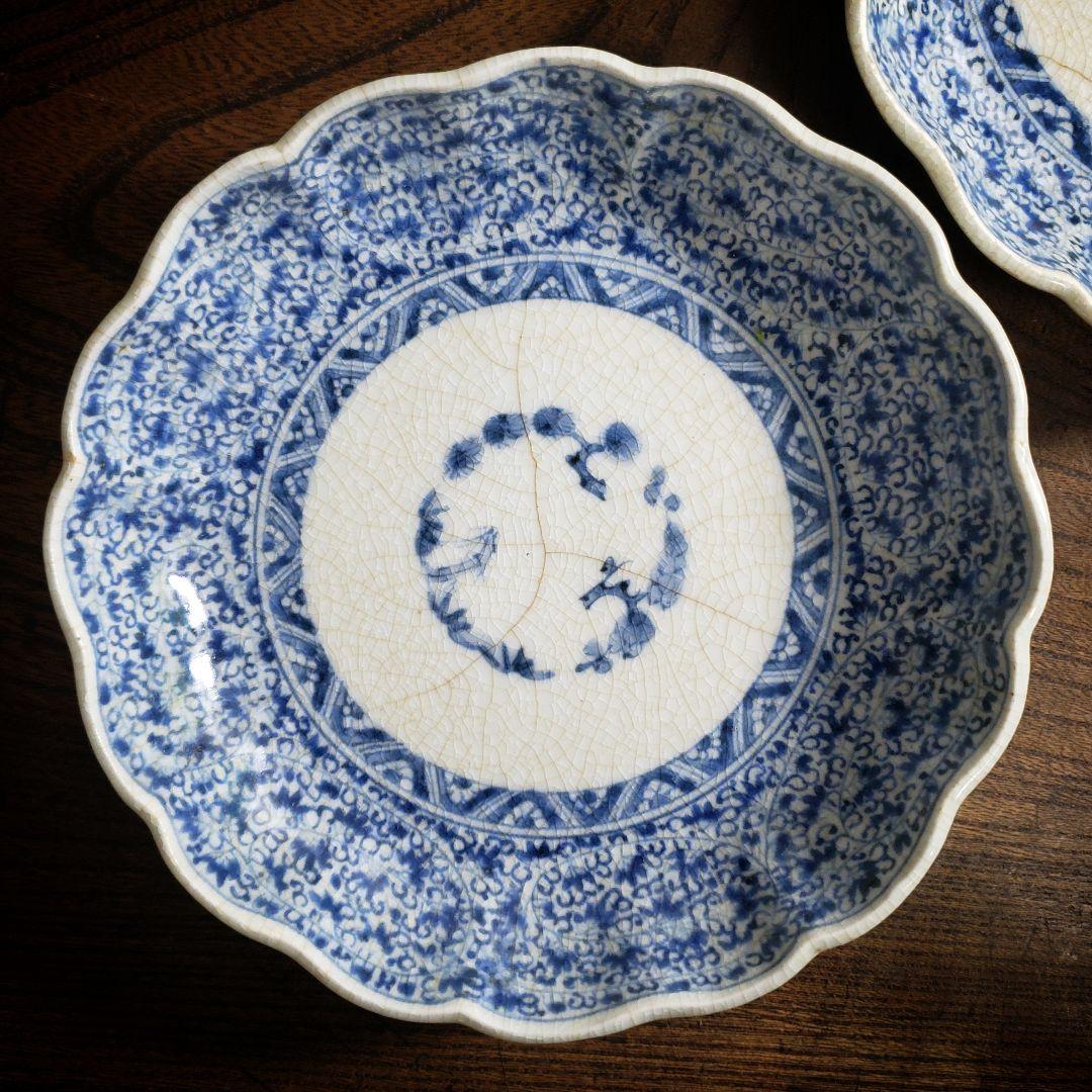 なます皿　染付　微塵唐草　富貴長春　古伊万里　　二枚　貫入　江戸　松竹梅　イ号