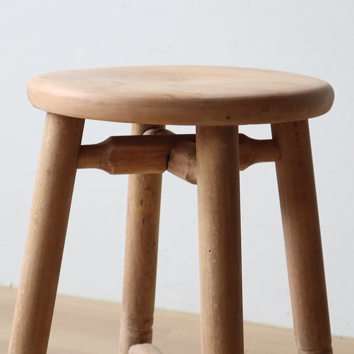Aアンティーク 木製 無塗装 無垢材 丸スツール 古家具 カエデ ブナ