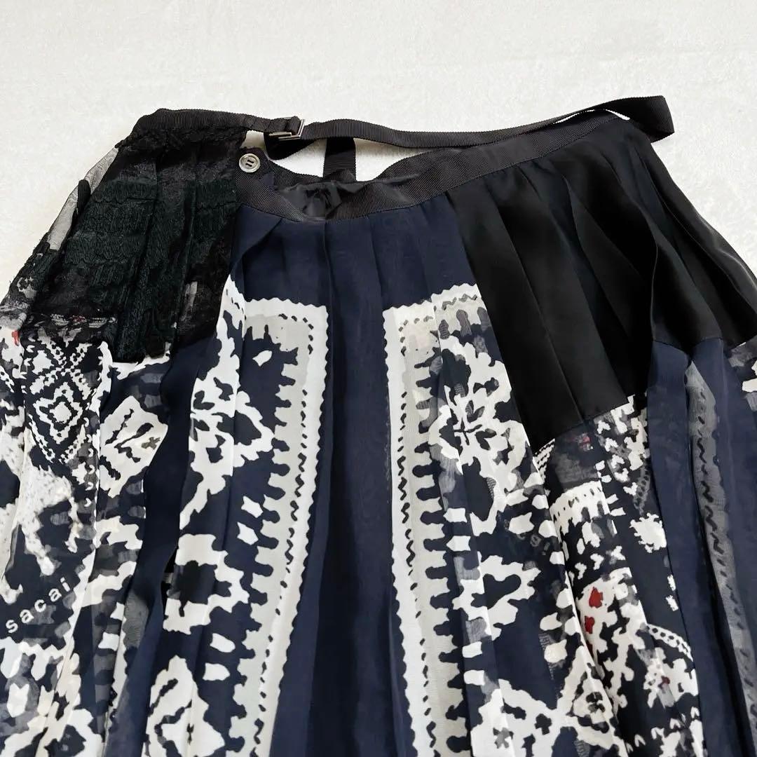 サカイ sacai 2018 プリーツ プリント ベルト スカート 1 ネイビー