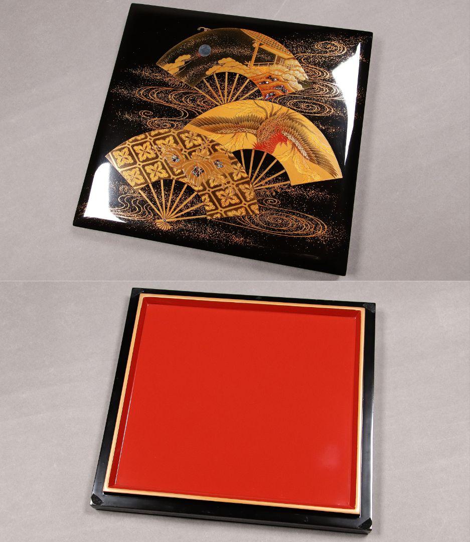 M667/輪島塗 桐鳳凰草花扇面金蒔絵 銀象嵌 螺鈿細工 黒塗内朱