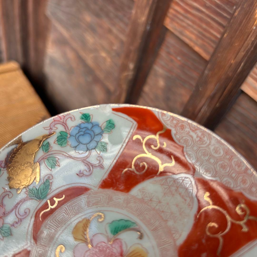 骨董 アンティーク 古伊万里 藍九谷 変形皿 染付 印刻 波に亀 向付