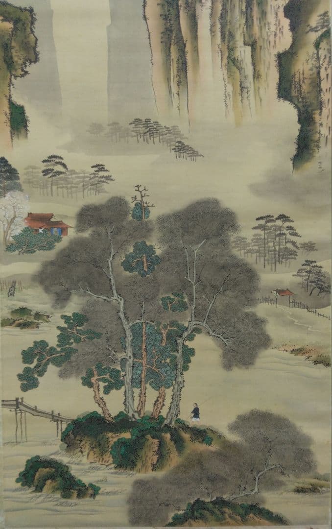 立原杏所【青緑山水図】絹本　掛軸・識箱／2重箱　(江戸時代・水戸藩士・徳川斉昭)