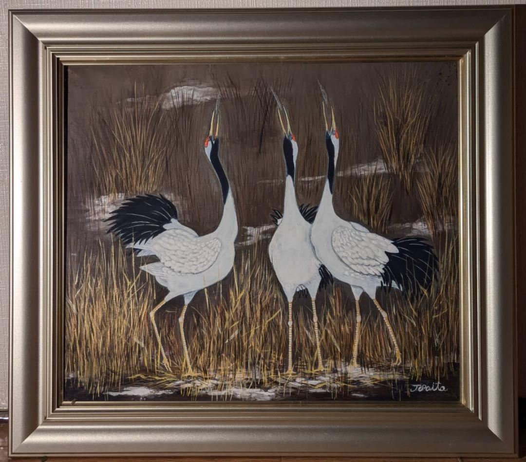 真作】絵画中島虎威日本画12号五箇山春雪共シール箱・黄袋入V70