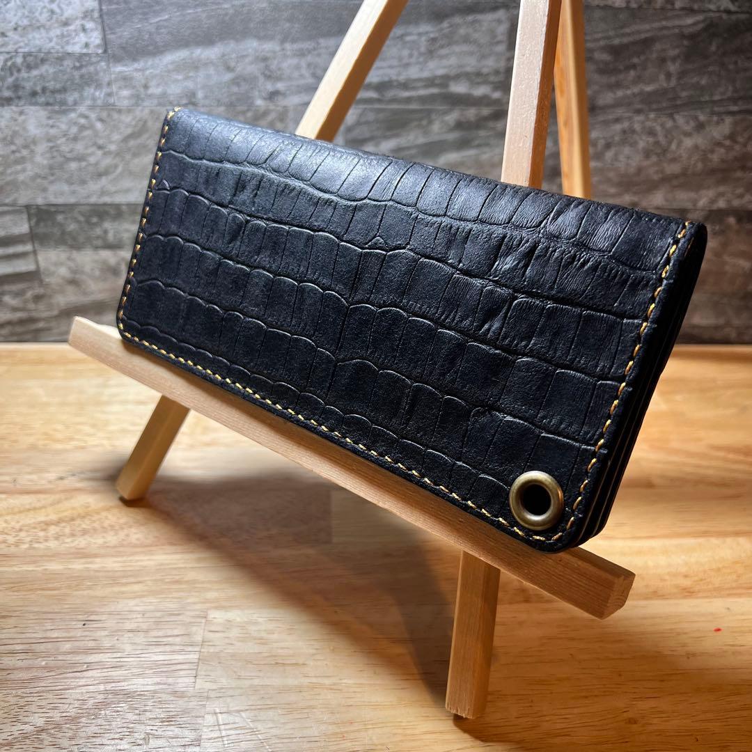 【本革•総手縫】テンダーロインインスパイア ロングトラッカーウォレット クロコ黒